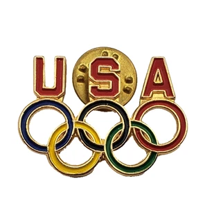 Olympics USA Gold Tone Enamel Pin Olympic Rings Large USA Red Letters - Picture 1 of 2