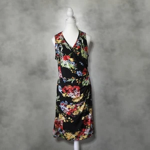 TEABERRY Size 12 Black Floral Sleeveless Knee Length Wrap Dress - Picture 1 of 8