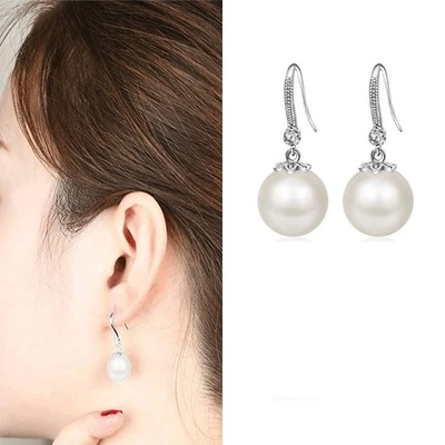 Girls Fashion     Women Hook Gift Jewellery  Pearl Crystal  Charm Earrings Drop - Image 1 of 4