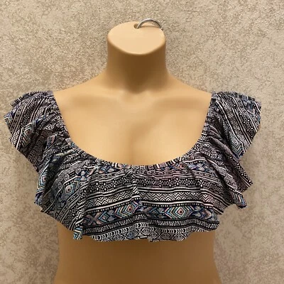 Top de bikini con volantes So para mujer. Geométrico multicolor. Talla mediana. Defecto Foto 1 de 4