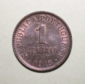 S2 - Portugal 1 Centavo 1918 Uncirculated Copper Coin - Shields Within Shield - Picture 1 of 2
