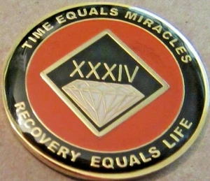 Narcotics Anonymous 34 Year Orange Medallion Black White Gold NA Clean Coin - Picture 1 of 8