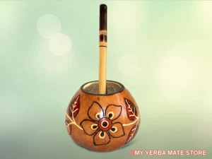Kit de calabaza yerba mate - calabaza artesanal flor tallada - bomba de bambú - envío gratuito - Imagen 1 de 10
