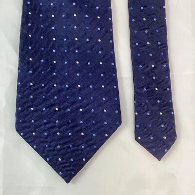 Eagle Shirtmakers 100% Silk Necktie Navy Blue White Woven Geometric Dots ~ 4" - Image 1 of 4