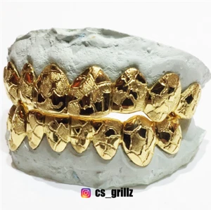 SOLID 10K 14K YELLOW GOLD NUGGET CUT DESIGN HANDMADE CUSTOM FIT GRILL GRILLZ - Picture 1 of 10