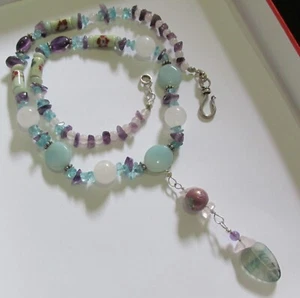 Amethyst Apatit Amazonit Rosenquarz Fluorit Kette 925 Silber Porzellan Perlen - Bild 1 von 16
