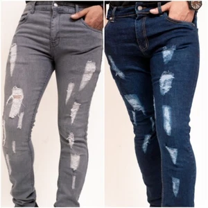 Herrenjeans gerissen dünn schmale Passform hellblau schwarz Stretch Denim Biker Jungen - Bild 1 von 12