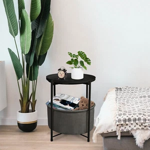 Round End Table with Storage Fabric Basket  Metal Tray Sofa SideTable, Black  - Picture 1 of 9