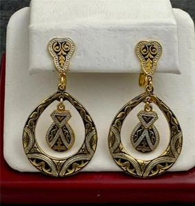 Vintage Spain Gold Tone Damascene Drop Dangle Screwback Earrings - Picture 1 of 5
