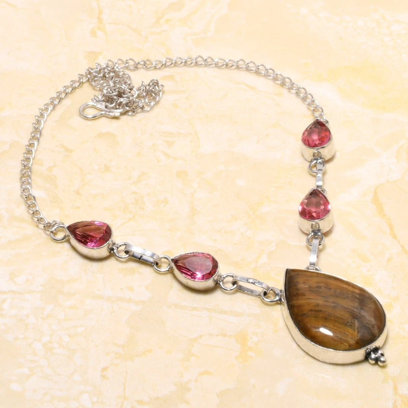 Tiger Eye, Pink Rubillite Gemstone Handmade Gift Jewelry Necklace 18" — 第 1/1 张图片