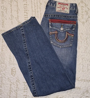 Pantalones de mezclilla TrueReligion Billy pierna torcida punto arco iris cremalleras rojas bolsillos con solapa 34x32 Foto 1 de 4