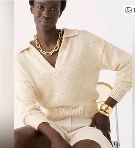 J. Crew Pailletten Pullover Polo Elfenbein mit Silber Pailletten Neu mit Etikett Plus 3X - Bild 1 von 14