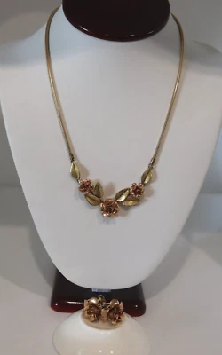 Vintage 14k Rose Yellow Gold Filled two Tone Roses Necklace Earring Set - Image 1 of 4