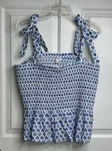 J Crew Factory gesmoktes Tanktop Damen XL blau Blumen ärmellos Bindeakzent neu mit Etikett - Bild 1 von 8