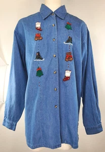 Vintage NWT Eagles Eye Collectible Christmas Denim Shirt - Size L - Lightweight - Picture 1 of 16