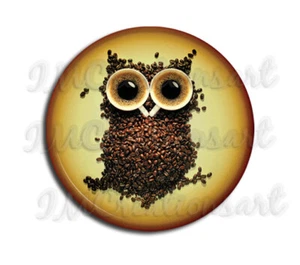 Lovely Caffeine Coffee Lovers Owl Beans Handpress Mirror, Magnet or Pin 2.25" - Picture 1 of 4