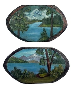 Matching Pair of Antique Adirondack Folk Art Paintings on Wood Signed E. Stubbs - Picture 1 of 5