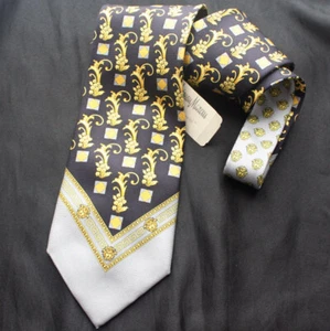 Versace Seidenkrawatte Gold Volute auf Marine & Grau Neu Mit Etikett - Bild 1 von 4