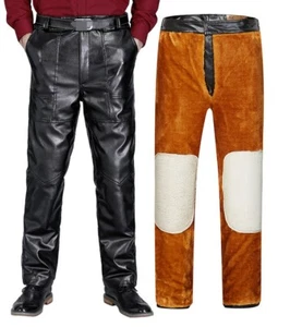 Pantalones de invierno cálidos de cuero sintético para hombre forro de piel engrosada informales pantalones negros - Imagen 1 de 10