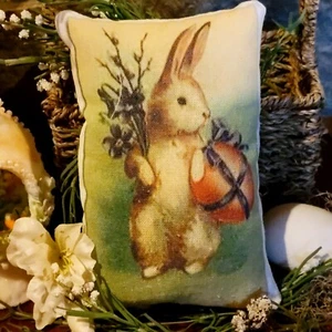 Primitive Farmhouse Easter Bunny With Egg/Twig Tuck Pillow Peg / Door Hanger  - Picture 1 of 1