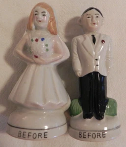 VTG Bride-Groom Wedding Salt Pepper Shakers Before &After, Japan H8203 - Picture 1 of 15