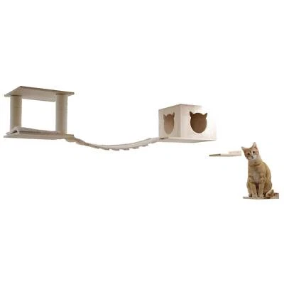 Katzen Kletterwand TOP Wand-Kratzbaum Hängebrücke Sisal Höhle Massivholz - Bild 1 von 4