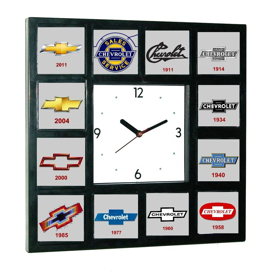 History of Chevrolet Chevy Bowtie Garage Man Cave Office Clock with 12 pictures - Image 1 of 1
