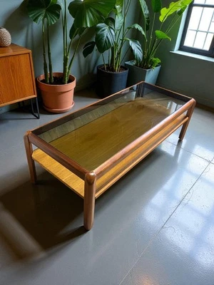 Two Tier Mid-Century Coffee Table With smoked Glass Top Vintage Retro MCM Table - Image 1 of 4