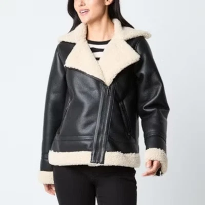 Chaqueta estilo aviador de cuero sintético negra Ana con forro Sherpa blanco 1X nueva con etiquetas Foto 1 de 4