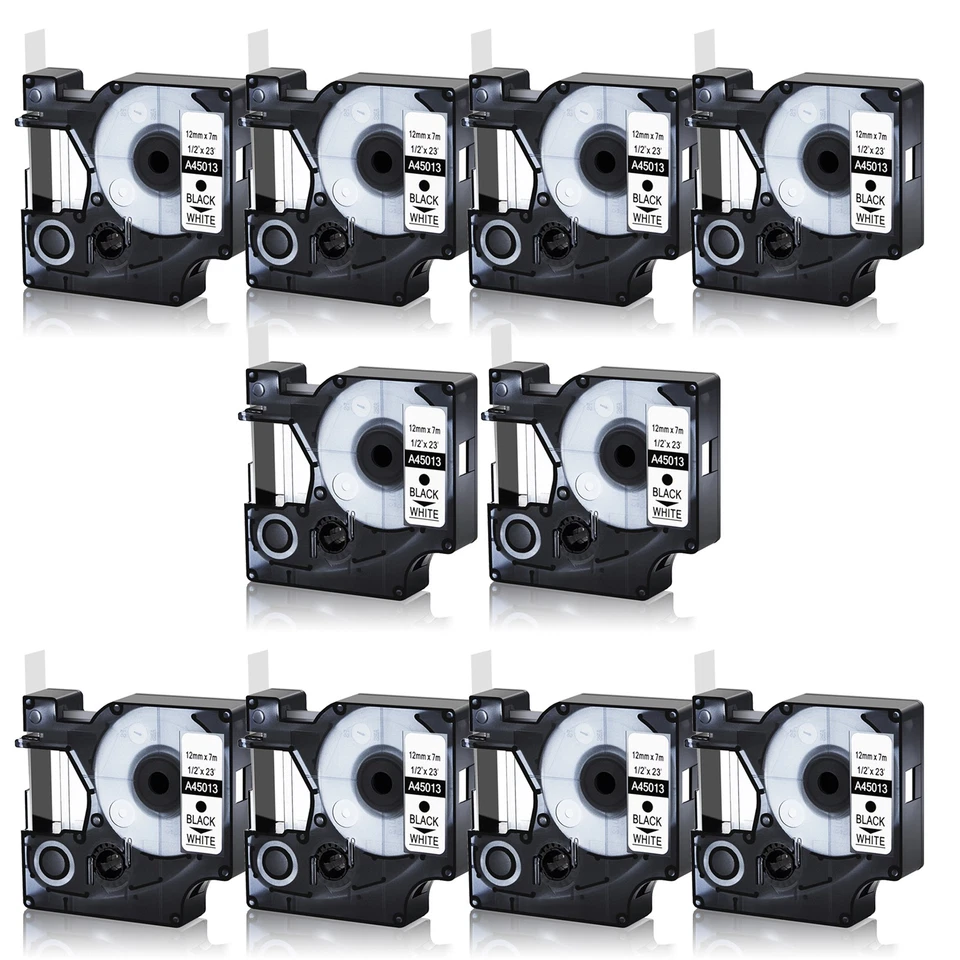 10PK Black on White Label Tape For Dymo D1 45013 Labelmanager 210D 280 360D 12mm - Image 1 of 4