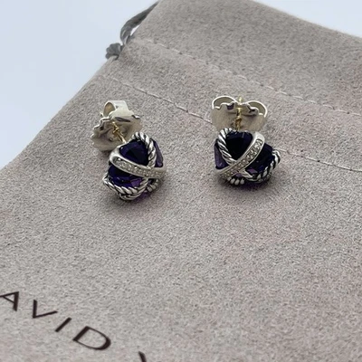 Aretes David Yurman de plata de ley de 10 mm de diamante amatista envolventes con cable Foto 1 de 4