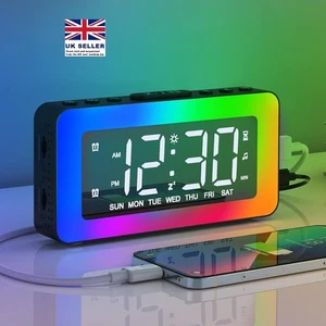 Alarm Clock Digital Clock with 8 RGB Night Lights Dual Alarms, Snooze USB Port - Picture 1 of 8