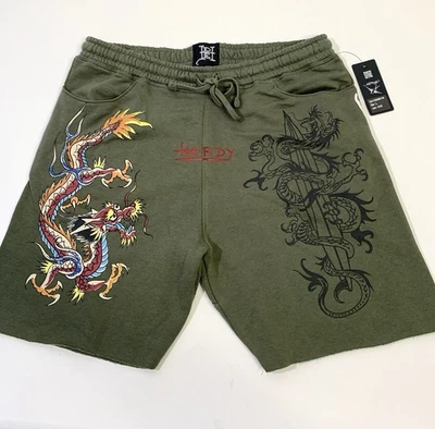 Pantalones Cortos de Sudadera ED HARDY Dragon Tattoo Polar Verde Oliva Para Hombre Grandes Nuevos con Etiquetas Foto 1 de 4