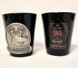 HARLEY DAVIDSON SHOT GLASSES (2) Flathead Engine & 90th Reunion Black Motorcycle - Picture 1 of 9