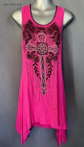 New VOCAL Womens PLUS SIZE CRYSTAL HOT PINK CROSS TANK TOP TUNIC SHIRT 1X 2X 3X - Picture 1 of 4
