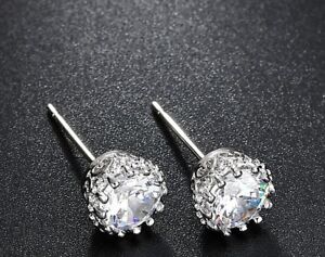 6/8/10mm Men Women Sterling Silver Post Stud Crown Cubic Zirconia Earrings Gift