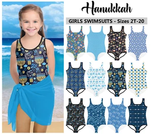 Kids Hanukkah Swimsuit #1 - Baby Girl Teens Bathing Suit Jewish Hebrew Holiday - Picture 1 of 18