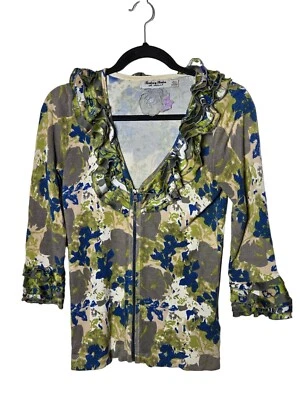 Twelve by Twelve Floral 3/4 Sleeve Full Zip Cardigan Sweater Size Medium Ruffled - Image 1 of 4
