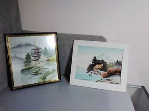 (2) Asian Silk Paintings Woven 19x17 buildings mountains boat lake ocean - Picture 1 of 7