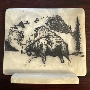 Vtg John Wills Moose Handwork Etching Cultured Marble Artist Signed 79 Hand Cast - Picture 1 of 14