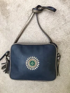 TANTREND Shoulder Strap Bag Navy Blue Gold Tassels Made In Spain - Picture 1 of 6