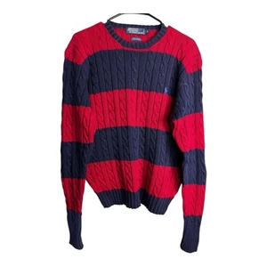 Polo Ralph Lauren Cable Knit Crew Neck Block Stripe Sweater Cotton Sweater Men M - Picture 1 of 12