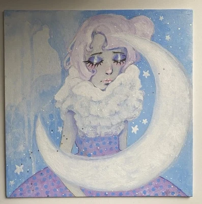 Celestial Sleepy Star Girl With Crescent Moon Fantasy Painting On 12x12 Canvas - Image 1 of 4
