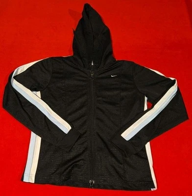 Jaqueta de pista Nike meninas Y2k preta malha com capuz tamanho 8-10 zíper frontal listrada retrô - Imagem 1 de 4