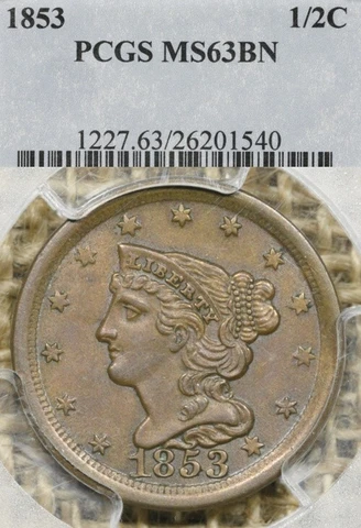 1853 1/2C PCGS MS63 BN Braided Hair Half Cent Cover