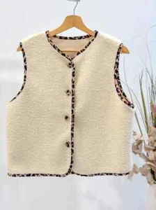 Trendige Beige Kuschelige TEDDY Plüsch WESTE ärmellos LEO Details TREND - Bild 1 von 3