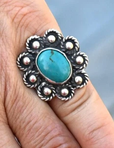Vintage Navajo Style Turquoise & Sterling Flower ring size 4.25 - circa 1970's - Picture 1 of 9
