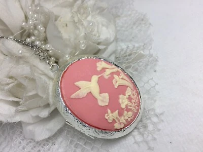 Silver Photo Pendant Mom Cameo Pink Hummingbird Bird Locket Necklace BIRTHDAY  - Image 1 of 4