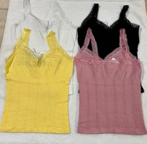 Lace Trim Seamless Stretch Cami Tank Top OS-Regular Yellow, Pink, Black, White - Picture 1 of 6