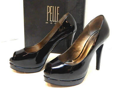 PELLE MODA Black Patent Platform Open Peep Toe Pumps Hi Heels Size 7 MSRP 150.00 - Image 1 of 4